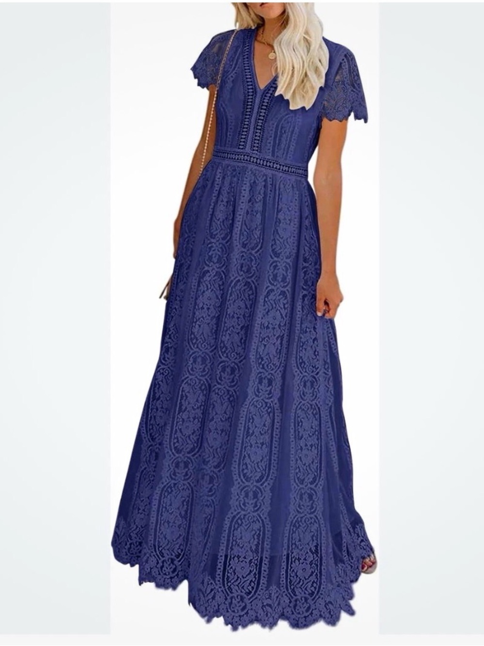 Women’s Navy Lace Maxi Dress with V-Neck and Short Sleeves